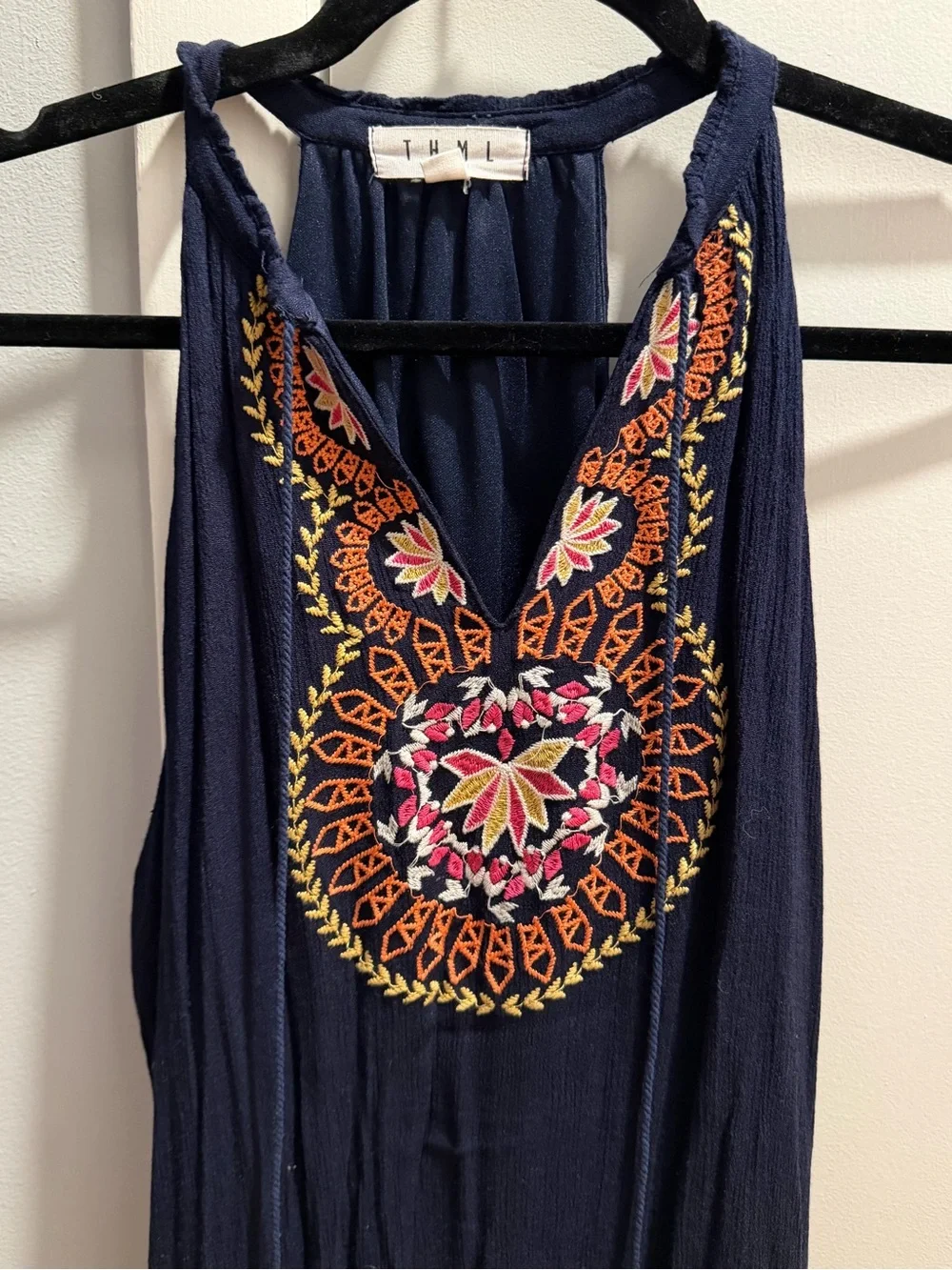 Navy Boho Embroidered Halter Dress